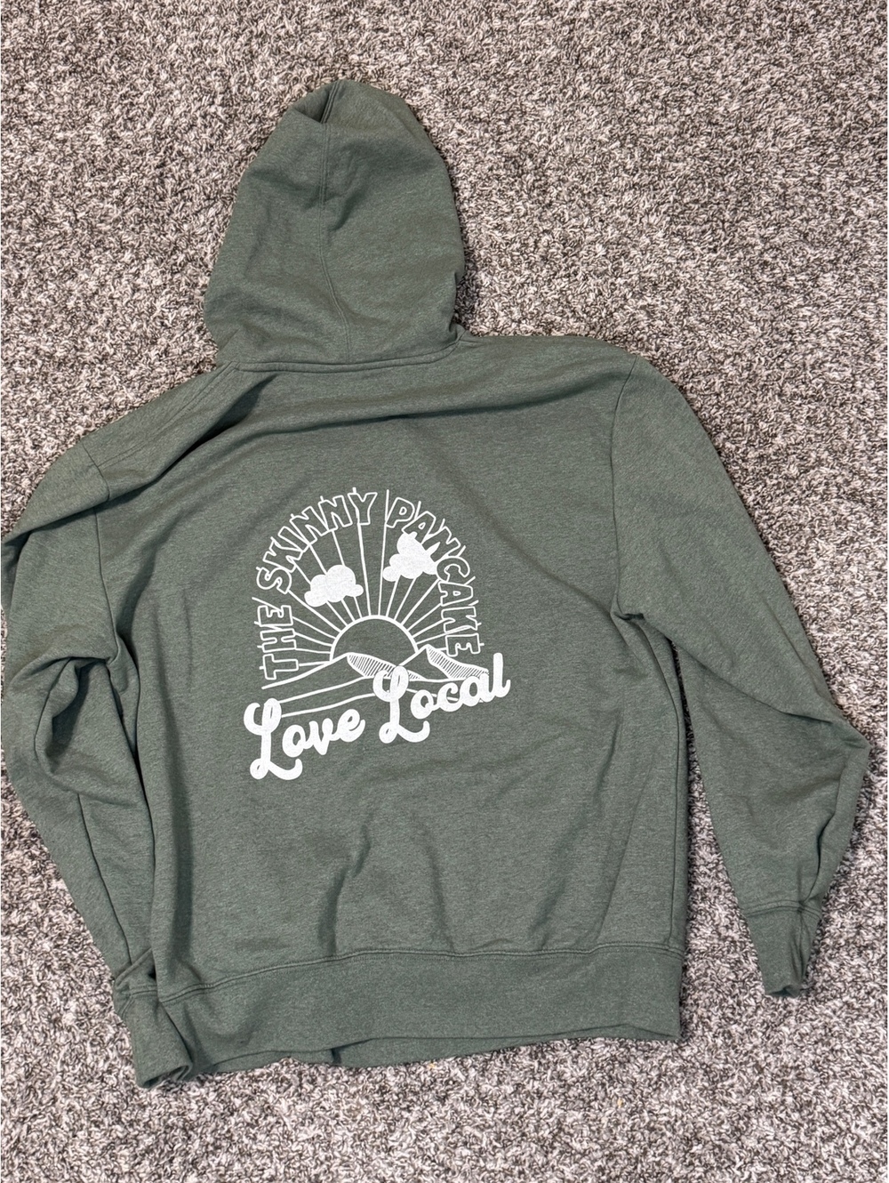 The Skinny Pancake Hoodie Green Love Local Vermont Graphic Pullover Sweatshirt